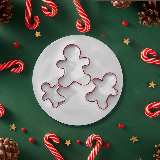 Gingerbread Man Cookie Cutters 3PCS, Stainless Steel Christmas Cookie Cutter Tools with Red Environmental PVC, Gingerbread Boy Shape Moulds Set for Baking