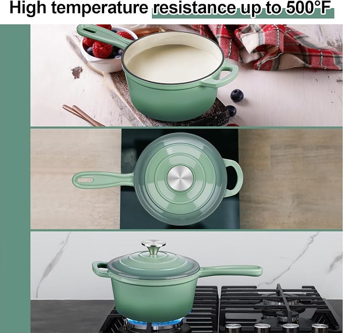 2 Quart Saucepan with Lid, Leonyo Enameled Cast Iron Sauce Pan, Enamel Dutch Oven Kitchen Cookware for All Cooktops Making Pasta Sauce, Oatmeal - Up to 500°F & 6.7Lbs, Pistachio Green