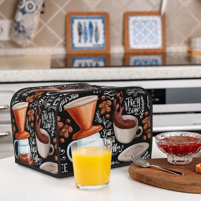 Toaster Cover 4 Slice with Coffee Pattern Dustproof Bread Maker Cover Fingerprint Bakeware Protection Wide Slot Toaster Bag Reusable Kitchen Small Appliance Cover