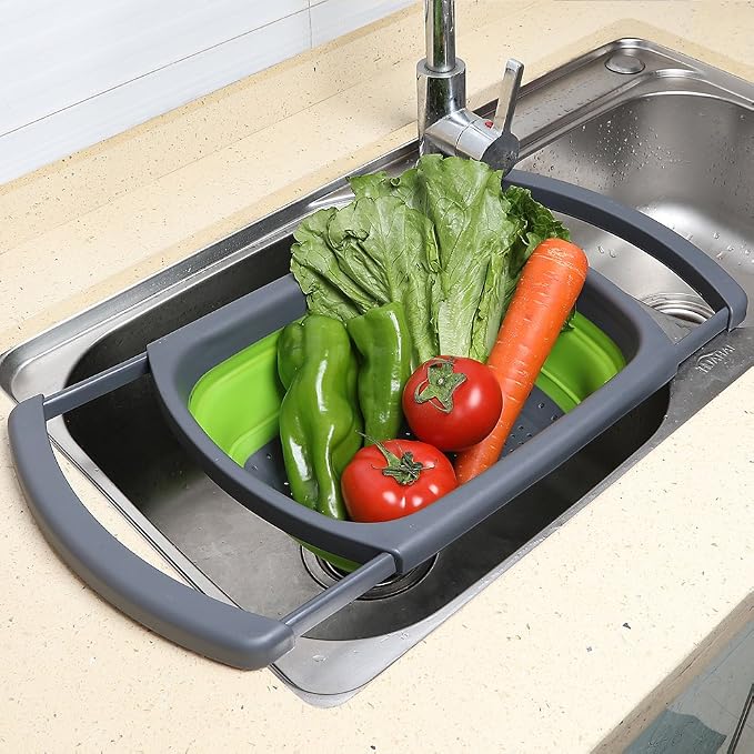 Qimh Colander collapsible, Colander Strainer Over The Sink Vegetable Fruit Strainer Basket (6 Quart) with Extendable Handles, New Kitchen Essentials