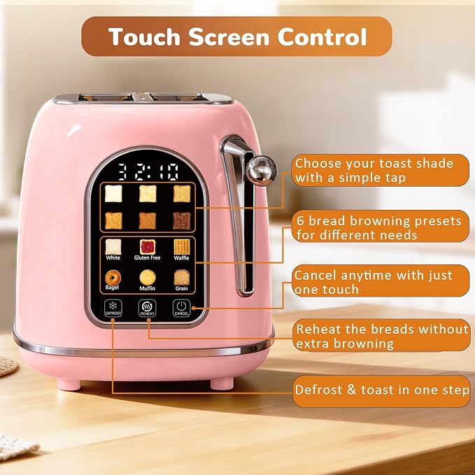 Mecity Toaster 2 Slice, Touch Screen Wide Slot Retro Toaster For Breads Bagel Muffin Waffle, House Warming Gift New Home, 120V 825W, Pink Color