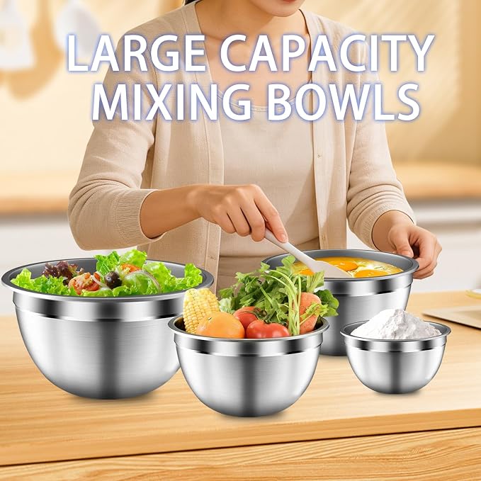 Mixing Bowls with Airtight Lids Set, 5 PCS Stainless Steel Colorful | Nesting Storage Bowls for Kitchen, Large Prep Metal Bowl, 5.5/4/3.5/2/1.5 QT for Mixing, Serving & Backing, Dishwasher Safe