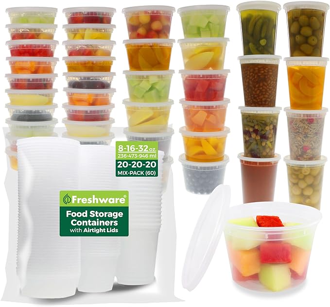 Freshware [60 Count] 8, 16, 32 oz, 20 sets each size Food Storage Containers with Lids,Plastic Deli Containers, Meal Prep Containers, Microwave and Freezer Safe,Stackable, Leakproof, BPA Free, Clear
