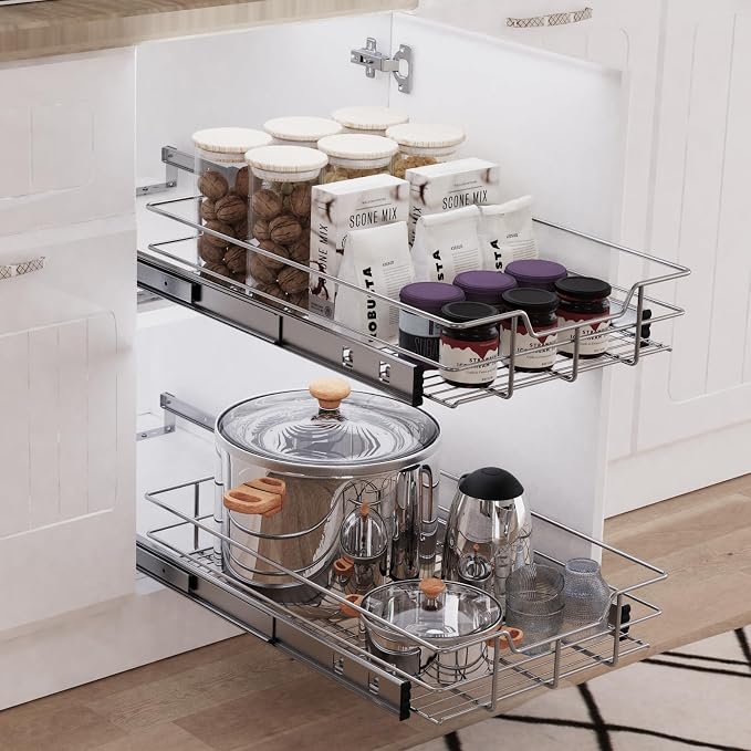 Pull Out Cabinet Organizer 11" W X 22" D, Chromed, Full Slide Out Drawers | For Kitchen Organizers and Storage, Pull Out Drawers For Cabinets Capacity Heavy Duty Caddy, Cabinet Shelves, Bathroom Pantry