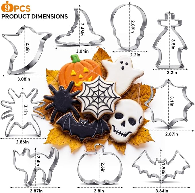 Halloween Cookie Cutters Set 9 Pieces, Metal Cookie Cutters Shapes - Bat, Ghost, Pumpkin, Cat, Witch's Hat, Spider, Spider Web, Skull, Tombstone, Stainless Steel Biscuit Molds for Party Decorations