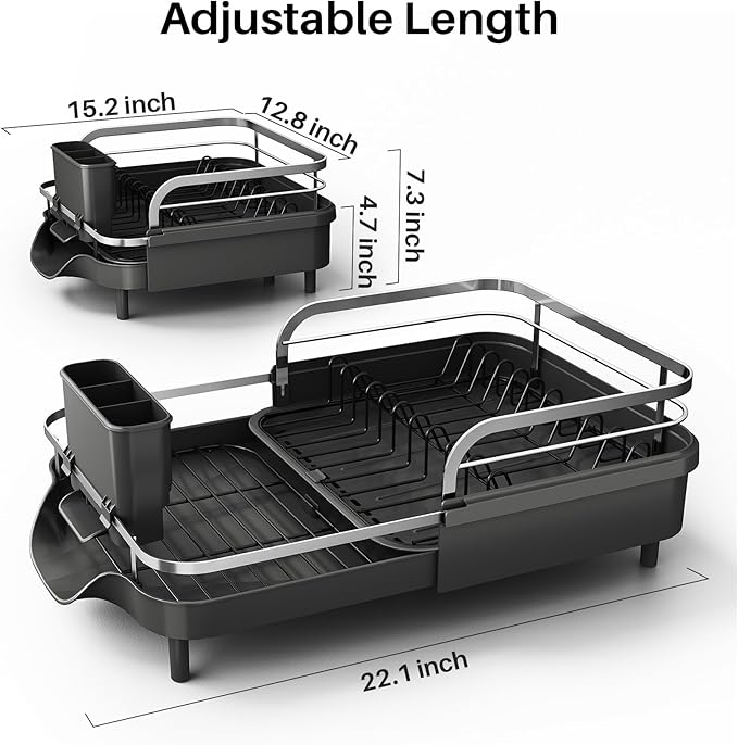 SNTD Expandable Dish Drying Rack for Kitchen Counter, 15.2-22.1 in, Black | Rust-Resistant Stainless Steel, Protective Side Rails, Self-Draining Drainboard, Removable Utensil Holder