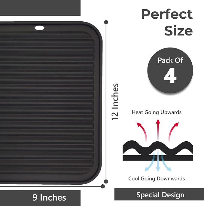 Silicone Trivets for Hot Dishes, Pots, Pans (4 Pack) - Heat-Resistant Pot Holders for Kitchen Countertop Mats - Silicone Trivet Mat (9 x 12 Inch) - Multipurpose Counter Pads (Black)