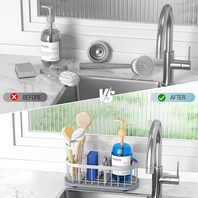 Sink Caddy Kitchen Sink Organizer, Sponge & Brush Holder, Stone Drying Mat | Space-Saving Sink Sponge Holder with Full-Size Tool Storage, Fits Most Sinks, Kitchen Sink Accessory and Countertop Organizer
