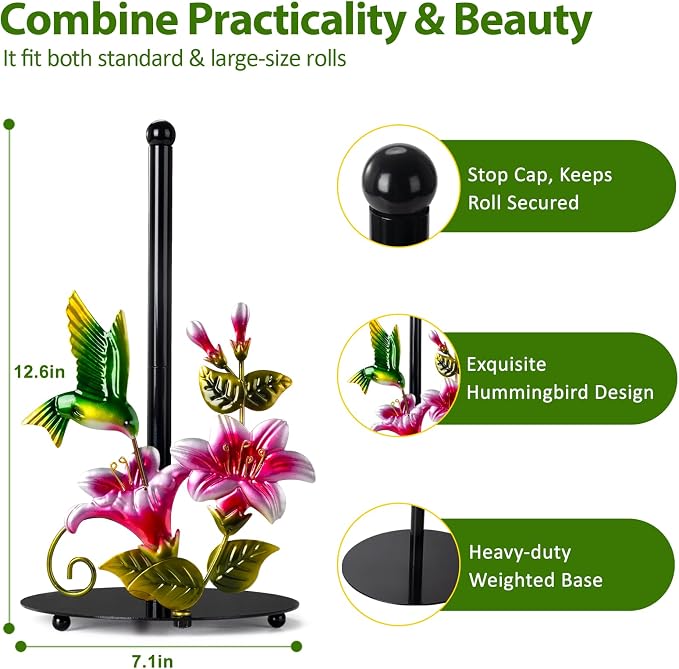 Flower & Hummingbird Paper Towel Holder Countertop for Kitchen | Decorative Farmhouse Kitchen Accessory, Hummingbird Housewarming Gifts for Women Mom bird lovers, Handmade with Weighted Base