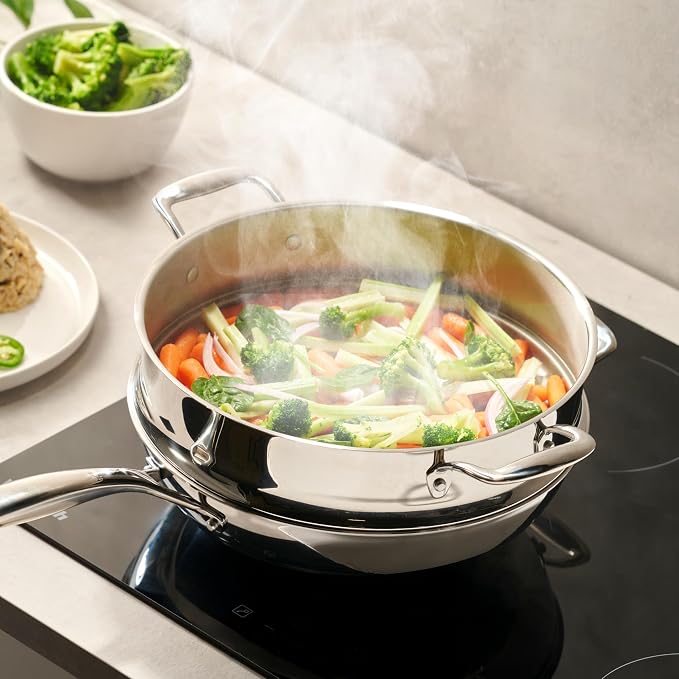 LEGEND COOKWARE 5-Ply Stainless Steel Wok Set, 12-Inch 5-Quart with Lid and Steamer - Induction Compatible, Oven Safe 800°F - Non-Toxic, No Coatings - Even Heating - Built to Last Generations