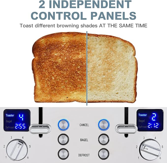 CUSIMAX 4 Slice Stainless Steel Toaster with Digital Display, Black | LED Display with Countdown Timer, 6 Browning Levels, Bagel/Defrost/Cancel, Dual Independent Controls, 1.5" Extra Wide Slots