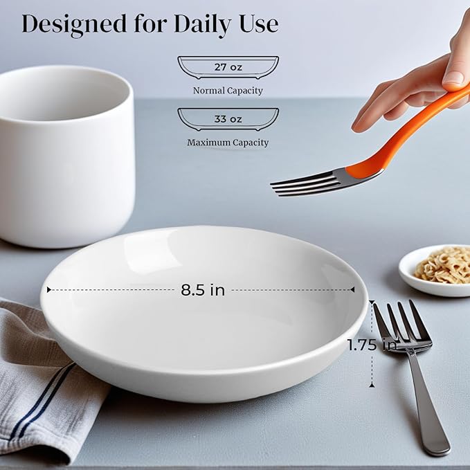 DeeCoo 7 Pack Porcelain Pasta Bowls Ceramic , Large Serving Bowl, Wide and Shallow, Set 8.3 Inch - 30 Ounce - for Pasta, Salad, Cereal, Soup & Microwave & Dishwasher Safe