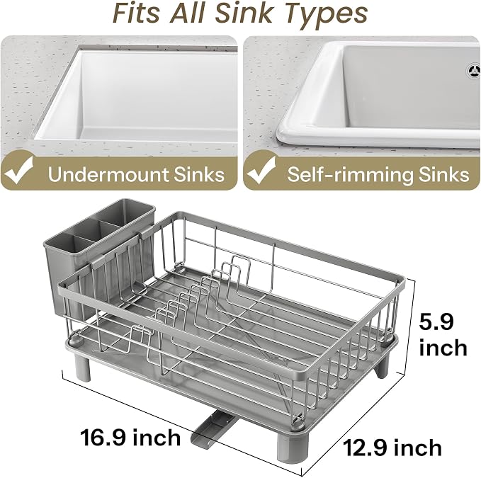 SNTD Dish Drying Rack for Small Kitchen Counter, 12.9" W x 16.9" L, Grey | Space Saving, Rotating Spout & Angled Drainboard for Quick Drainage, Stainless Steel, Removable Utensil Holder