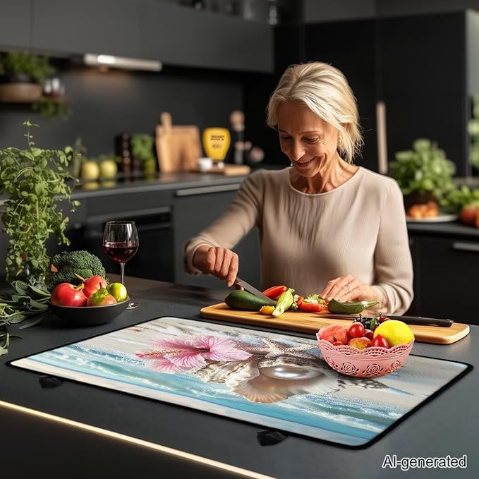 Beach Starfish Seashell Flower Stove Cover 30"x21" Heat Resistant Multi-Functional Counter Protector Non-slip Waterproof Mat for Glass Stovetop Protector Easy to Clean