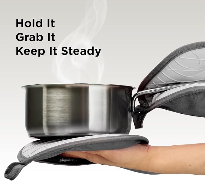 Kitchen Mama Silicone Pot Holders, Metal Gray | Heat Resistant, Non-Slip Surface, Dual Pocket Design, Soft Cotton Lining