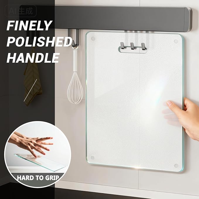 Tempered Glass Cutting Board for Kitchen Counter, 16"x12" Clear Chopping Board with Handle, Non-toxic, Plastic Free, Scratch Resistant, Heat Resistant, Dishwasher Safe, Easy to Clean