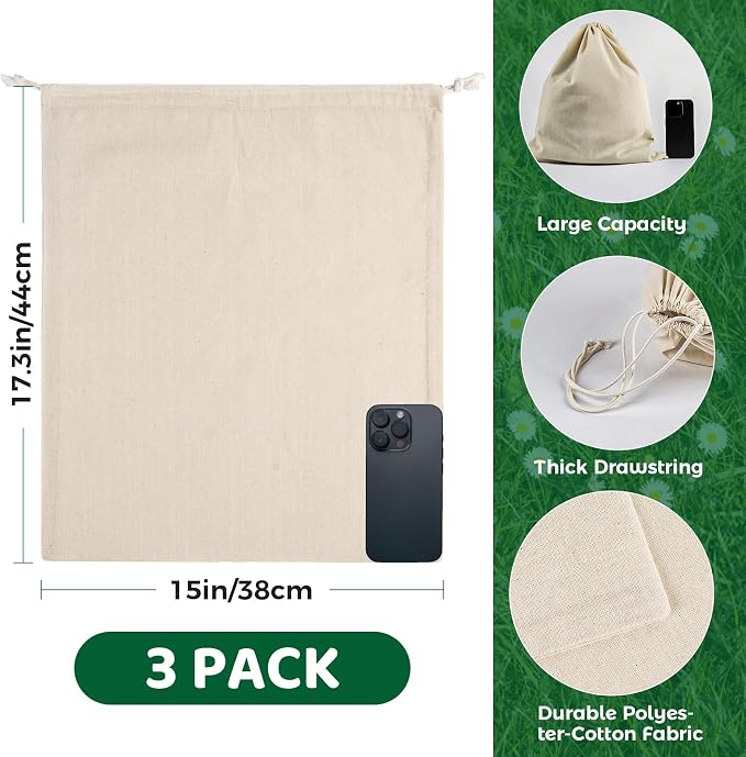 Cotton Storage Bags With Drawstrings - Rainflow 3 Pack 15x17 Inch Reusable Produce Bags Cotton Produce Bags Washable Muslin Storage Bags for Fruit Onion Storage Clothes Shopping Home Supplies | Washable Muslin Organizers for Fruit, Onion, Clothes, Groc...