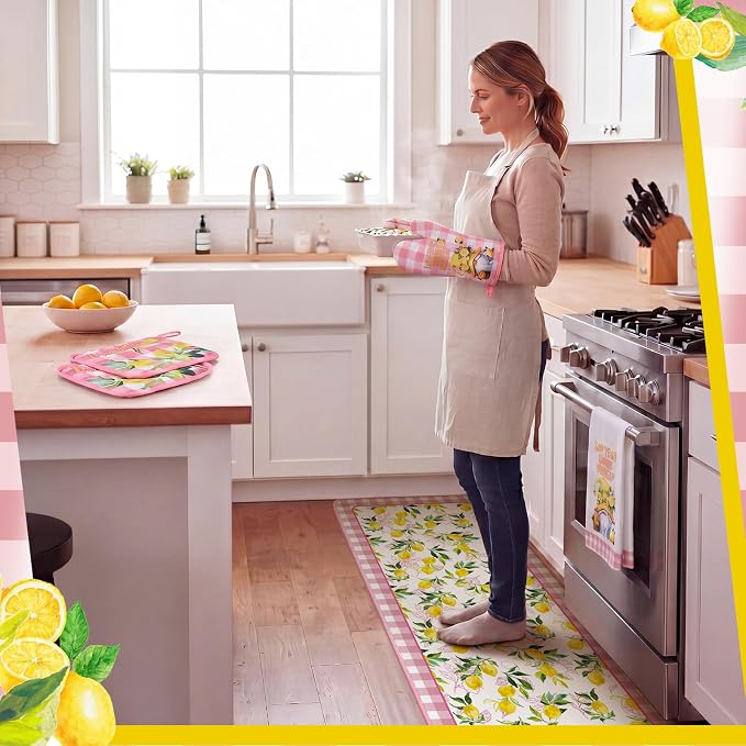 Fourluoo 10 Pcs Lemon Kitchen Decor and Accessories Set Lemon Kitchen Rugs Towels Pot Holders Oven Mitts Set for Cooking Baking Mom Housewarming Gifts