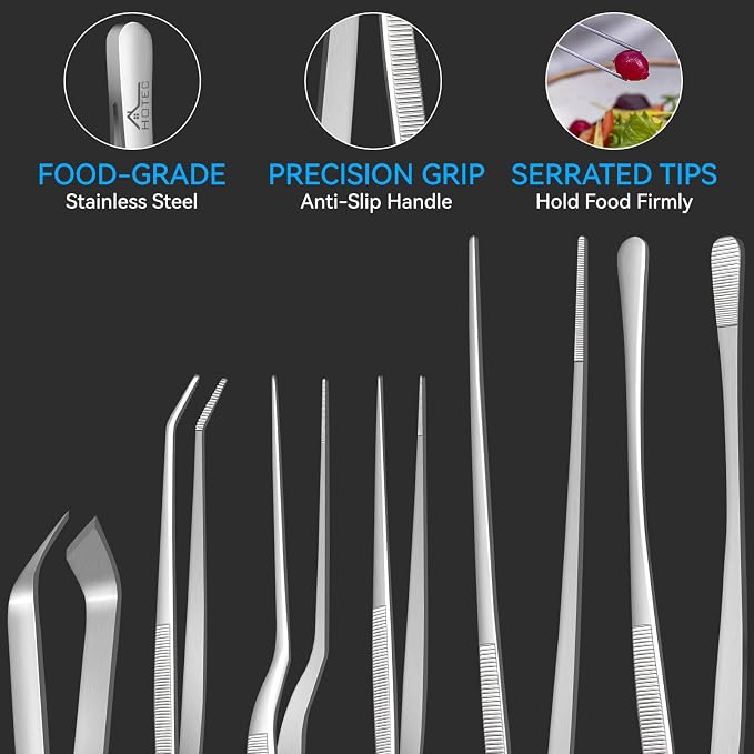 HOTEC Kitchen Tweezers Tongs Stainless Steel, Set of 6 - Professional Cooking Tweezers for Cooking, Chefs, BBQ, Seafood, Baking & Repair