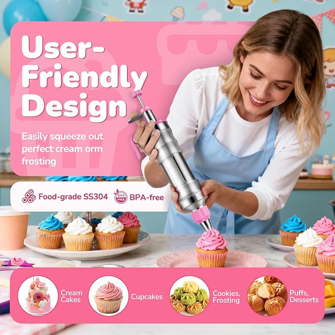 Cake Decorating Tools Supplies Kit: 164pcs Baking Accessories, Dessert Piping Syringe and Icing Tips Set - Puffs Cupcake Frosting Piping Bakery Set for Adults Beginners or Professional, Pink