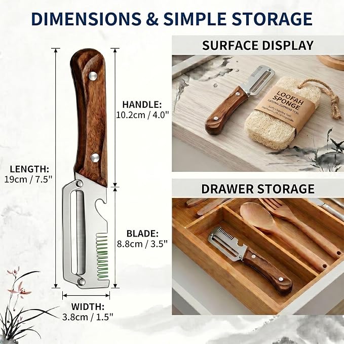 3-in-1 Vegetable Peeler, Julienne Shredder, Combo Set, Dark Wood | Stainless steel 3-in-1 peeler with wood handle, bottle opener and natural loofah sponge for vegetables, scallions and prep.