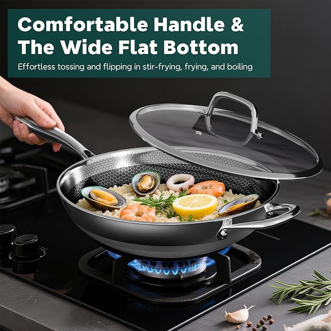 Wok Pan, 13-Inch Stainless Steel Woks & Stir-Fry Pans Nonstick, Wok Pan with Lid for Induction, Hybrid，Electric, Gas, Halogen, All Stoves, Professional PFOA Free Cookware, Dishwasher & Fast Heat