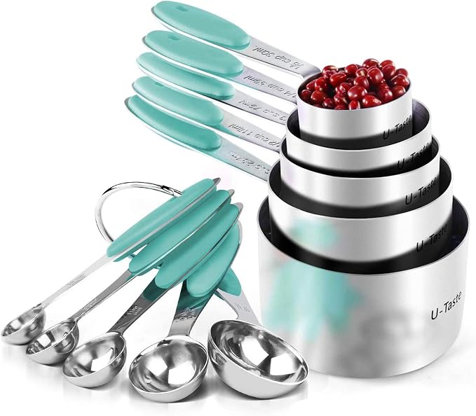 U-Taste Measuring Cups Spoons Set, 18/8 Stainless Steel, 10Pcs, Aqua Sky | Upgraded Thickened Handle, Reinforced Welded Joints, Nested Stackable Design, Metal Measure Set for Kitchen Baking Cooking