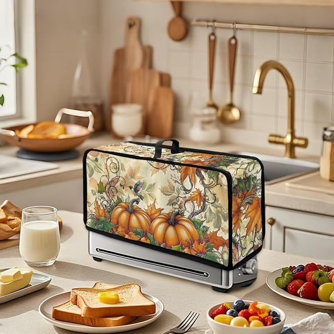 Pumpkins Toaster Cover 2 Slice Long Slot with Handle Thin Toaster Dust Cover Polyester Foldable Kitchen Accessories Compatible with Two Slice Bread Maker, Autumn Fall Gifts