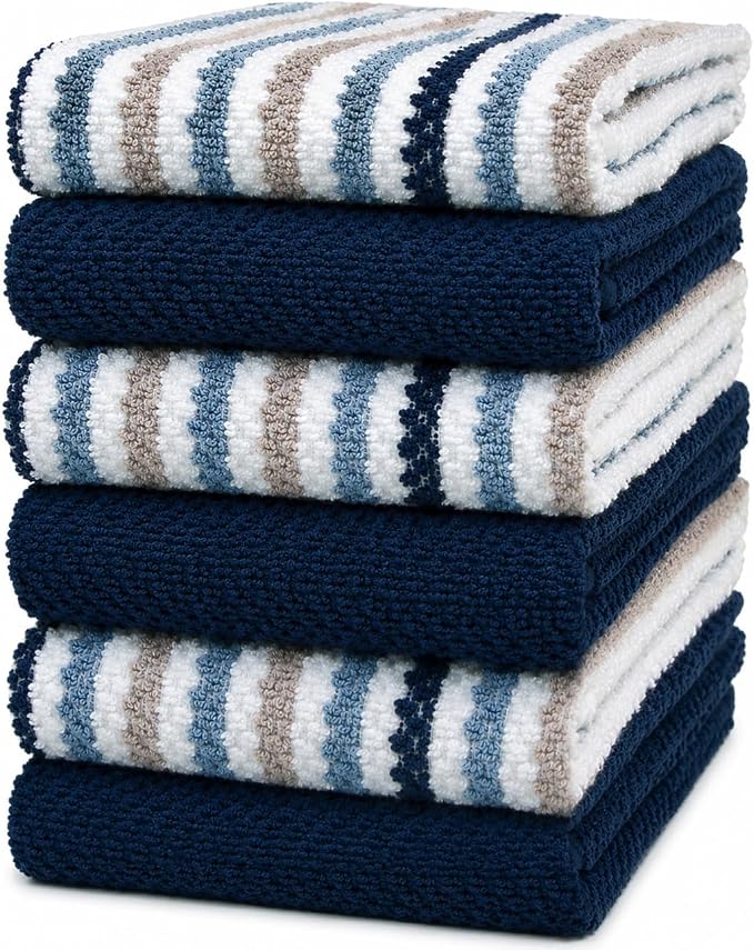 Bumble Kitchen Towels 6 Pack 100% Cotton 16"x26" - Blue Wide Stripe | 430 GSM Soft Kitchen Hand Towels with Hanging Loop, Highly Absorbent & Durable for Washing and Drying Dishes