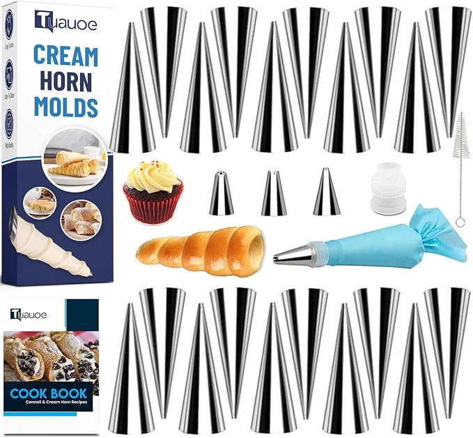 Cream Horn Molds for Baking, 27pcs Horn Forms Set, Non-stick Stainless Steel 20pcs Cone Shaped with Cleaning Brush, Piping Tip, Piping Bag, for ice Cream Cones, Puff Pastry, Baking Cones
