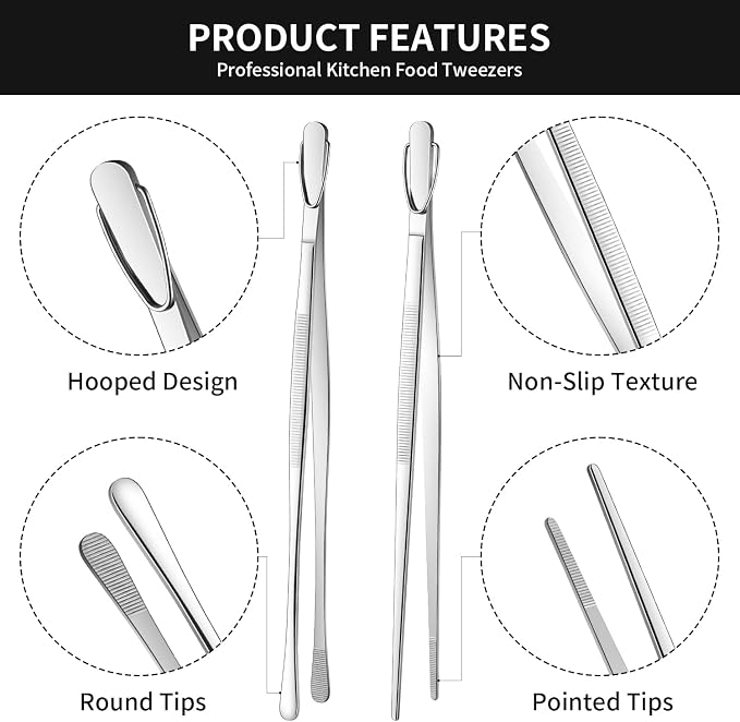 DEHOV 12 Inch Stainless Steel Kitchen Long Food Tweezers For Cooking,Metal Pasta Tongs,Skinny Chef Spaghetti Tongs