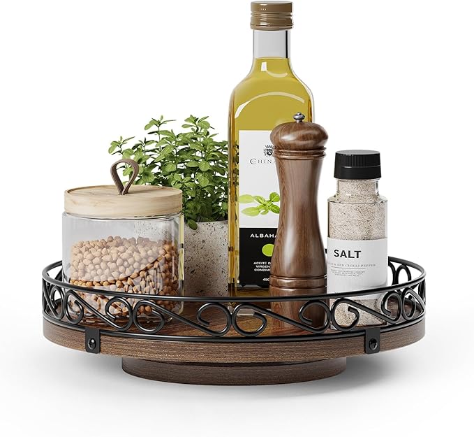 9'' Lazy Susan Turntable Organizer for Table Top, Wooden Lazy Susan Cabinet | Farmhouse Rotating Decor Tray for Dining Table, Pantry, Kitchen Countertop, Spice, Bathroom Vanity, Round Patterned Rim,Brown