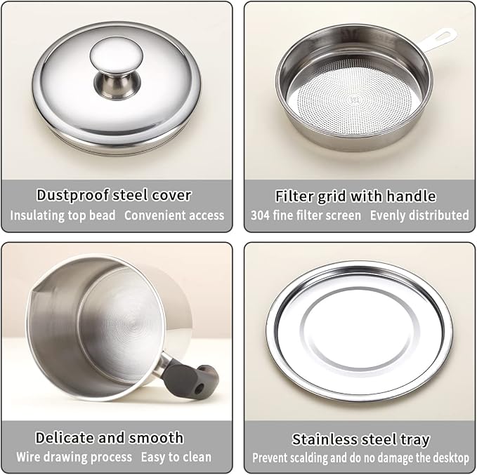 Kyraton Bacon Grease Container With Strainer, 48 oz Stainless Steel Oil Container, Pot Fat Storage With Lid, Easy Grip Handle Suitable For Storing Frying Oil And Cooking Grease 1. Silver