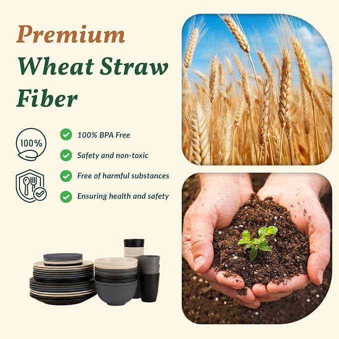 40 PCS Wheat Straw Dinnerware Sets Dishes Set for 8 Unbreakable Plates and Bowls Sets for Kitchen Dishwasher and Microwave Safe Plate Set Camping, Apartment, Kids-Grey Stone
