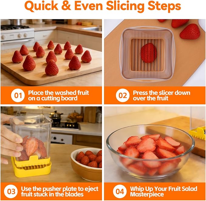 Strawberry Slicer Cup, Fruit Cutter, Quick-Slice, Meal Prep, Yellow | Dual-Function Base, Easy-Clean & Storable – 304 Stainless Steel Blade – Quick & Safe Slicing Kitchen Gadget