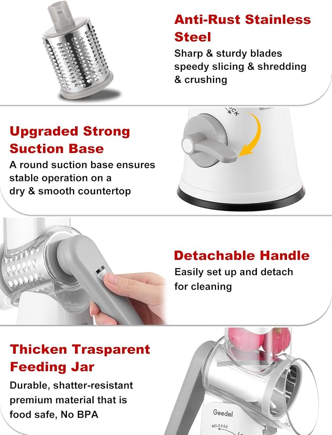 Geedel Rotary Cheese Grater Hand Crank, Cheese Shredder Vegetable Slicer | 5 Blades, 430 Stainless Steel, 12x Fast Cutting, Strong Suction Base, No BPA, Dishwasher Safe, for Cheese, Veggie, Nut