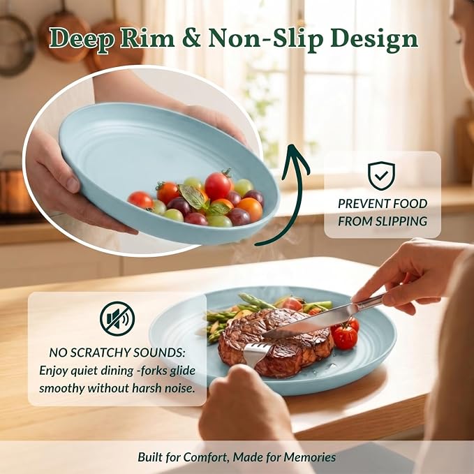 Wheat Straw Deep Plates 9 Inch Unbreakable & Lightweight Plastic Dinner Plates Alternative for Dessert, Sandwich 8 PCS Microwave & Dishwasher Safe Reusable Plate for Camping, RV-Light Blue