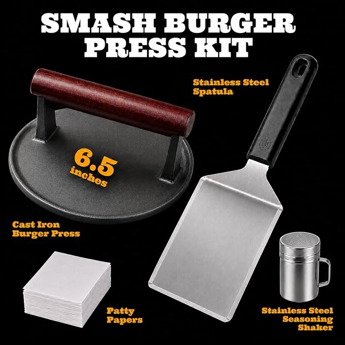 IAN's Smash Burger Press Kit - Cast Iron Burger Press (6.5 in), Smash Burger Spatula, Patty Pakers & Seasoning Shaker - Griddle, Flat Grill, Hibachi Accessories - Gifts for Dad