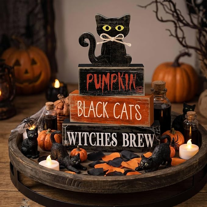 Lineshading 4 Pcs Halloween Black Cat Tiered Tray Decor Wooden Signs | Rustic Farmhouse Tabletop Decoration, Stackable with Halloween Phrases, Seasonal Home Display, Gift-ready Decor Set