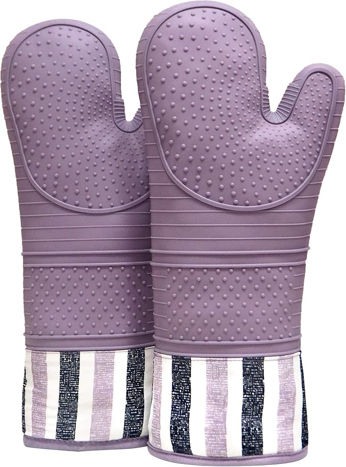 Heat Resistant 550 Degree Oven mitt, Silicone Oven Hot Mitts - 1 Pair, Extra Long Professional Baking Oven Gloves - Food Safe,Pot Holders Cooking,Grilling,Kitchen (Purple Mittens)