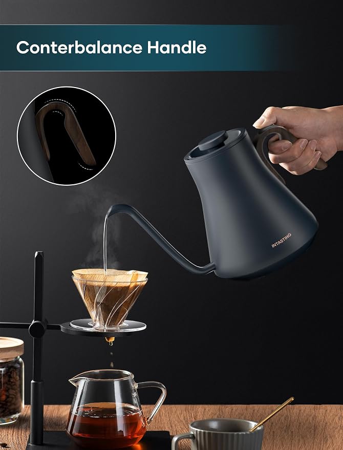 INTASTING Gooseneck Electric Kettle with 1℉ Temperature Control, 0.9 Liter | Fast Heating, Stainless Steel Interior, for Pour Over Coffee, Tea & Boiling Water, Keep Warm, Auto Shut-Off, 1200W, Navy Blue