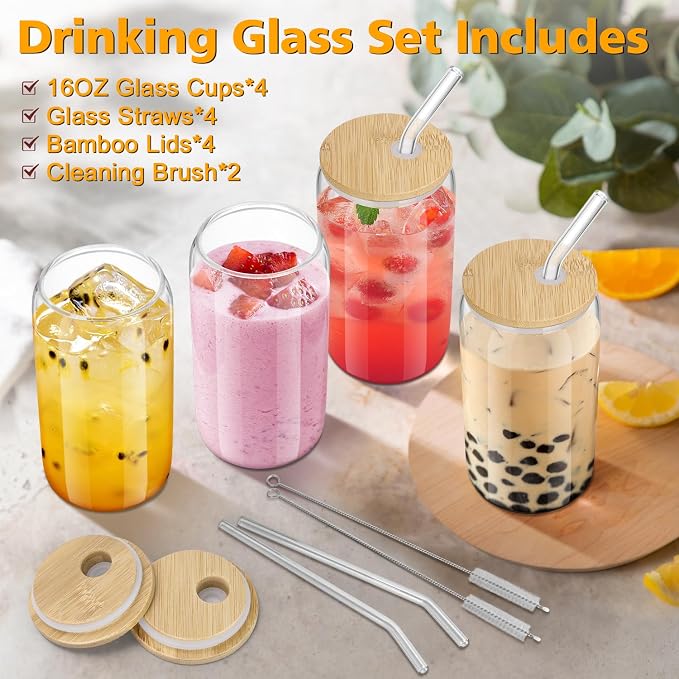 Glass Cups with Lids and Straws - 16 oz Glass Drinking Cups Set for Coffee | Glass Cups with Bamboo Lids, Iced Coffee Cup, Home Essential, Coffee Bar Accessories, Glass Tumbler, Reusable, 4 Pack