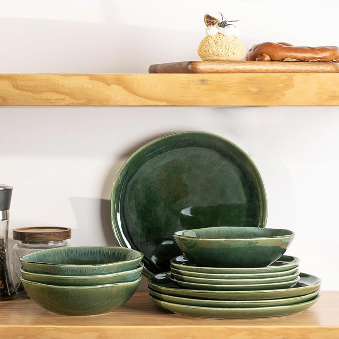 AmorArc Ceramic Dinnerware Sets for 4, 12Pcs Plates and Bowls Sets Dishes | Stoneware Handmade Reactive Glaze Dinner Set, Highly Scratch Resistant | Dishwasher & Microwave Safe Dishware