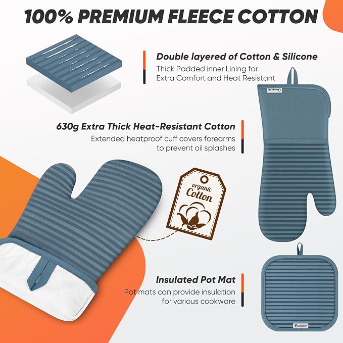 Oven Mitts Kitchen Towels and Dishcloths with Pot Holders Sets, Oven Gloves Hot Pads 500°F Heat Resistant with Silicone Grip, Include 2 Cooking Gloves/2 Potholders/4 Kitchen Towels/4 Dish Towels