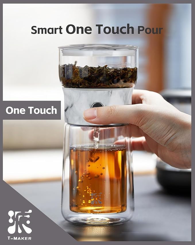 ZENS Modern One Touch Tea Maker, Glass Tea Infuser Pot for Loose Leaf Tea | Magic Teapot, Modern Tea Diffusers with 9oz Insulated Mug and Portable Bag for Tea Lovers Gifts, Marble