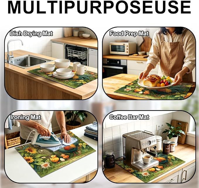 Farmhouse Rooster Stove Top Cover 28.35x20.47 in Non Slip | Heat Resistant Cooktop Protector Mat with Non-Slip Backing, Scratch Protection and Countertop Drying Mat.