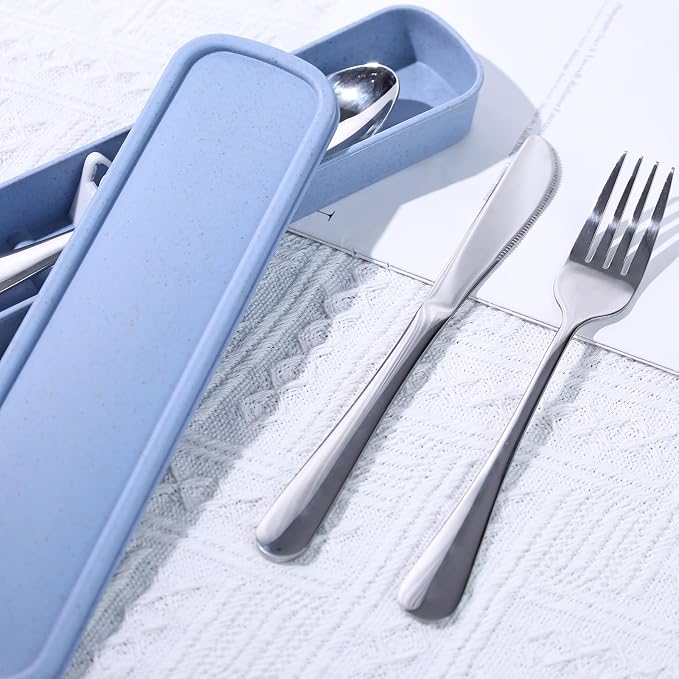 HANSGO Stainless Steel Travel Utensil Set with Case, 4-Piece Portable Knife Fork Spoon Set for Lunch Box, Office, School & Outdoor Use