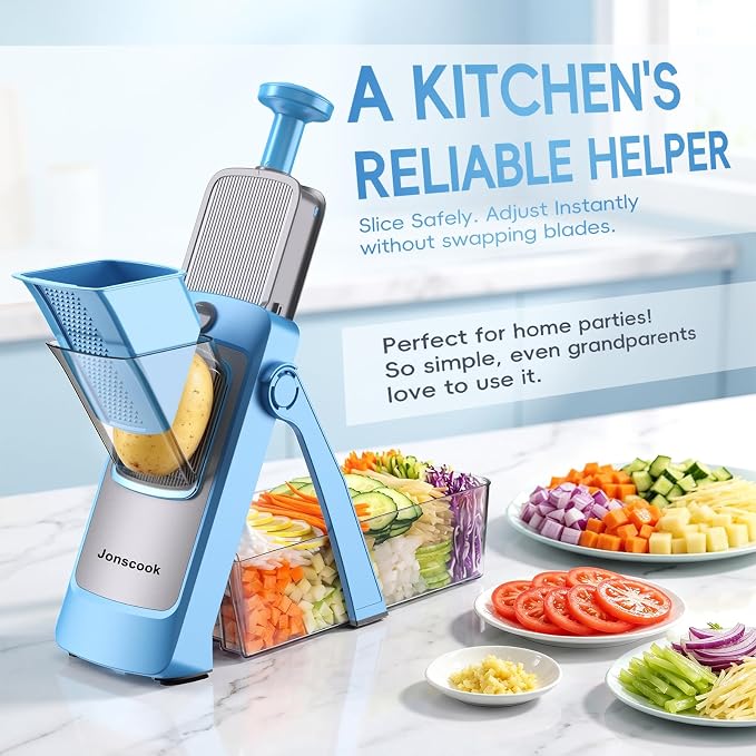 7-in-1 Safe Mandoline Slicer for Kitchen, Vegetable Slicer with Container | Adjustable 0.1-8mm Veggie Mandoline, French Fry Cutter, Potato/Tomato/Onion Slicer, Grater/Cleaning Brush (Blue)