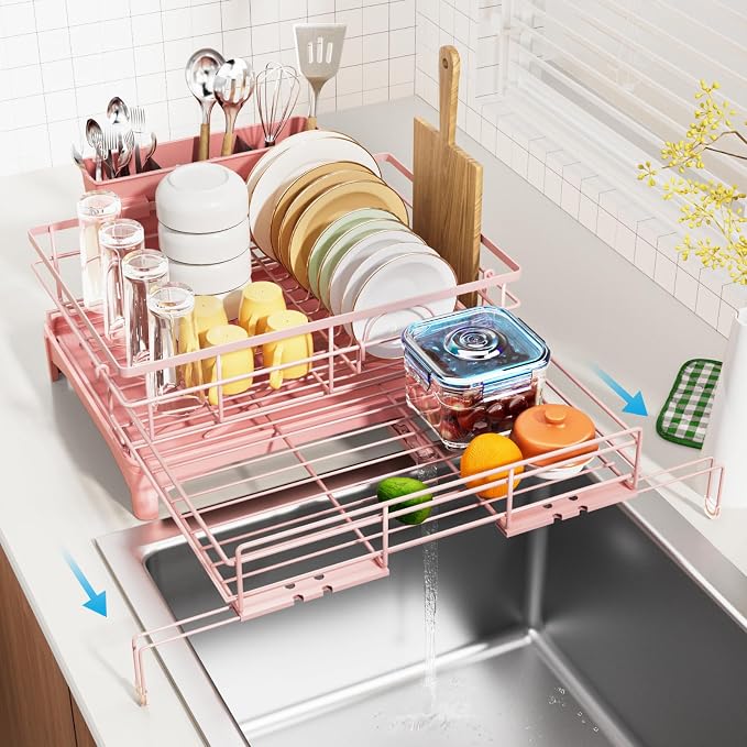 Laveshop Dish Drying Rack - Expandable Rack, Large Capacity Dish Drainer for Kitchen Counter, Rust-Proof with Utensil Holder, Pink