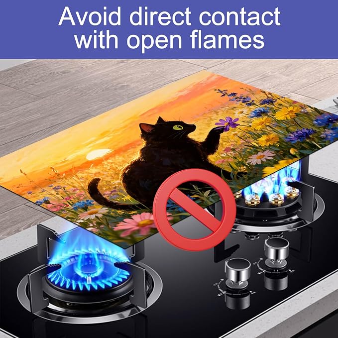 HOMETITUTE Spring Stove Top Covers for Electric Stove 28x20 Inches Black Cat Sunset Wildflower Heat Resistant Glass Cooktop Protector Pad Decorative Stovetop Cover Dish Drying Mats for Kitchen Decor